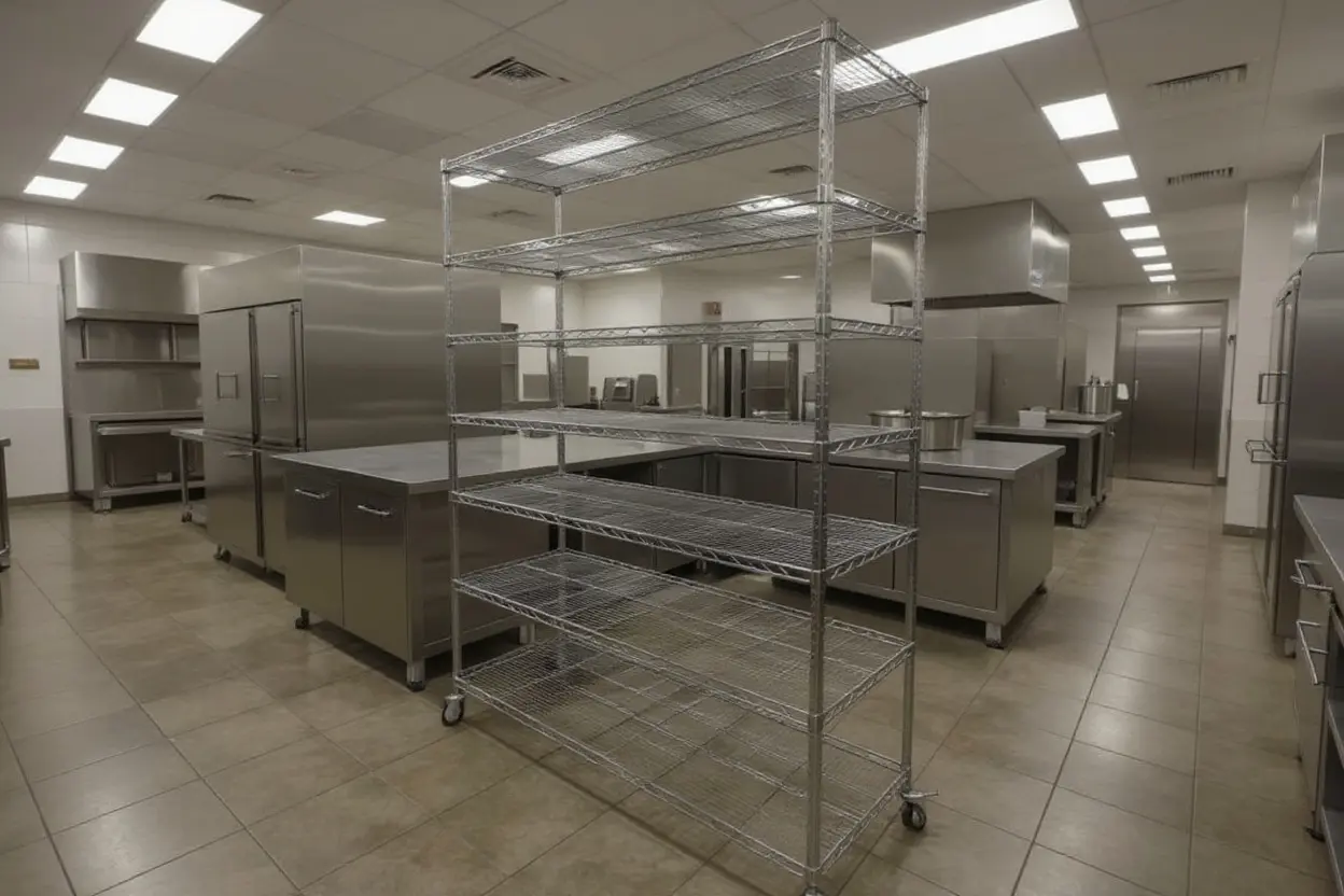 Commercial kitchen with NSF certified epoxy wire shelving for food service operations#1.5