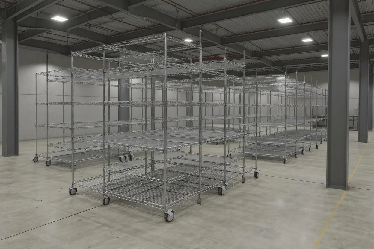 Industrial warehouse with epoxy wire shelving systems for material handling operations#1.5