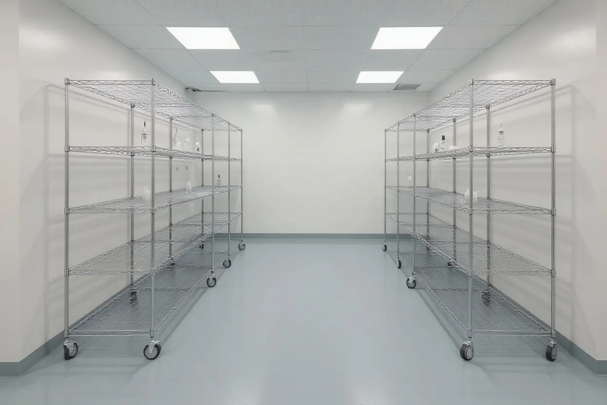 Medical facility with sterile epoxy wire shelving for healthcare equipment storage#1.5