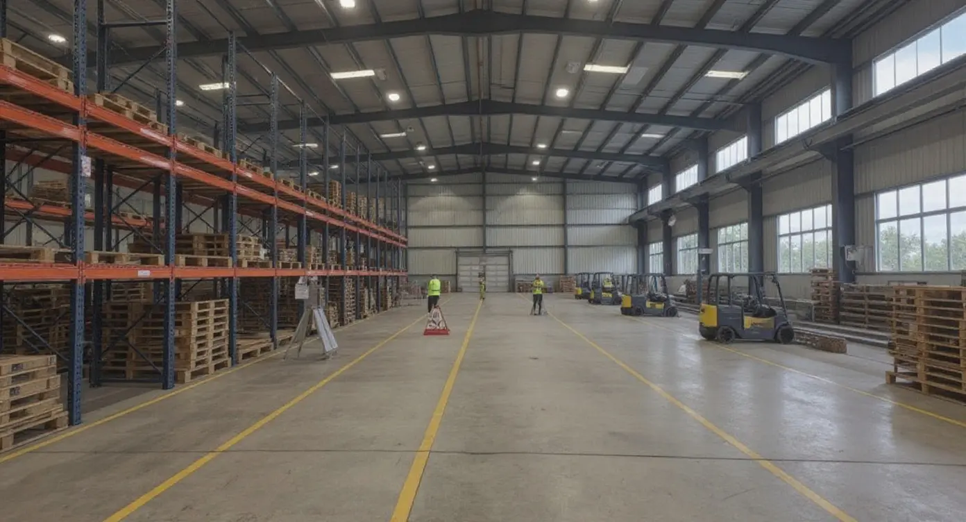 Manufacturing facility with organized pallet storage and material handling equipment#1.9