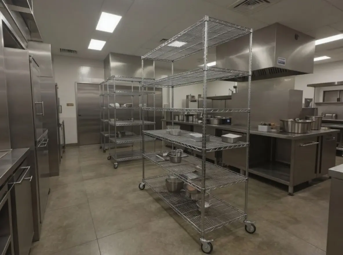 Commercial kitchen food service area with corrosion resistant shelving systems for restaurant and food processing operations#1.3