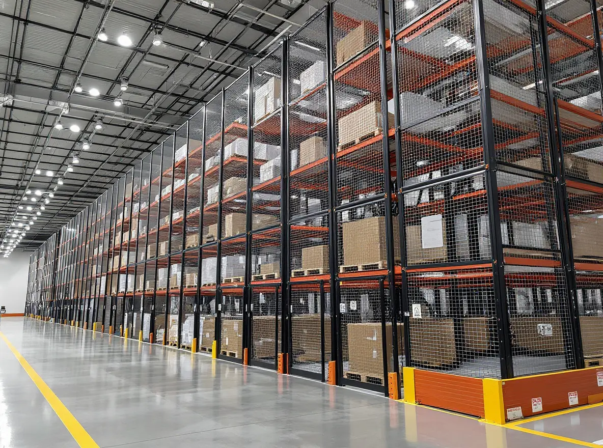 Distribution center with wire mesh partitions creating secure zones for high value merchandise#1.3