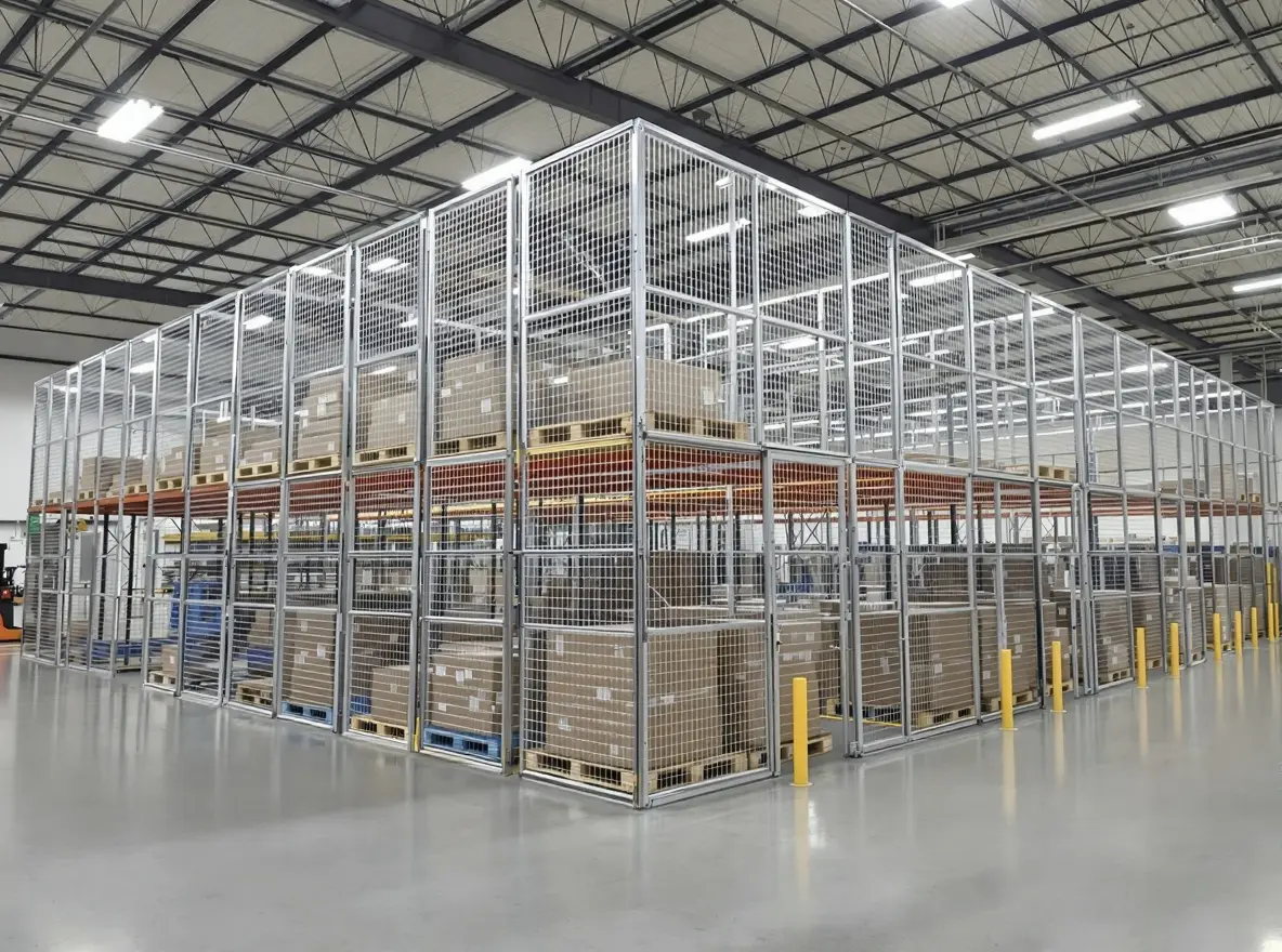 Warehousing solutions with secure wire mesh partitions for inventory control and theft prevention#1.3