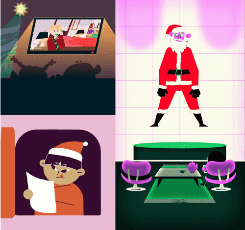 Quelques animation de noël, dont un film de noël projeté dans un salon, un personnage qui écrit une lettre au père noël, un père noël aspiré dans un tunnel pour une mission secrète, inspiré des indestructibles.