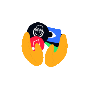Des mains entourent des éléments liés à la création audiovisuelle : musique, voix off et pistes graphiques