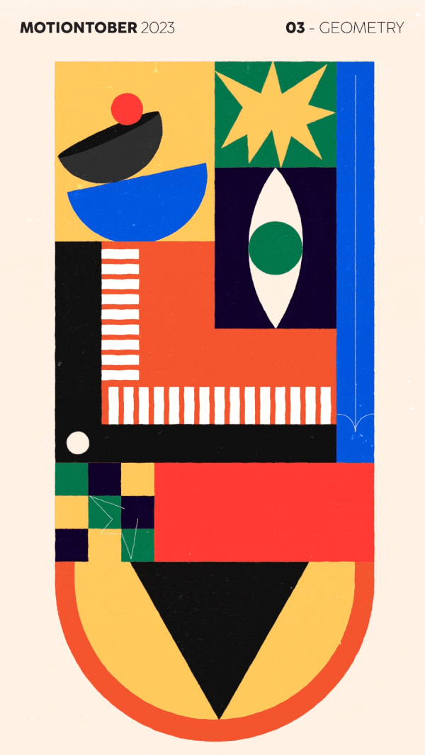 Une composition géométrique animée avec un pyramide, un oeil, une étoile, une flèche et des motifs.