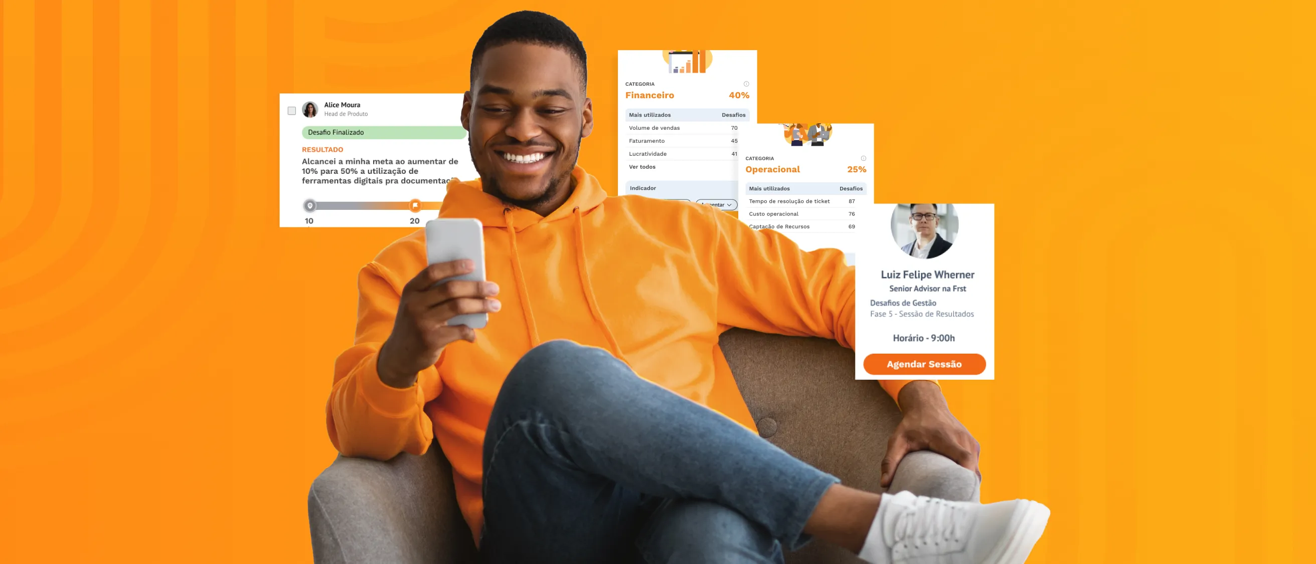 Homem sorridente de moletom laranja sentado em poltrona, usando smartphone. Ao fundo, telas flutuantes exibem gráficos de desempenho e sessões agendadas, em estilo moderno e digital.