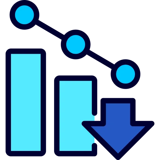 Diagram med två ljusblåa staplar som minskar i höjd och en blå pil som pekar nedåt, vilket visar en nedåtgående trend.