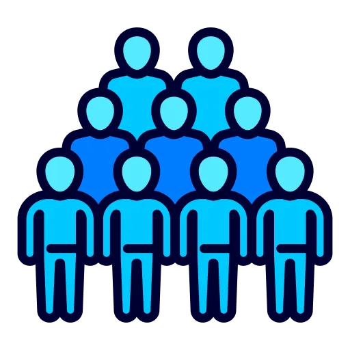 Ikon med nio stiliserade människor i blå nyanser arrangerade i tre rader på svart bakgrund.