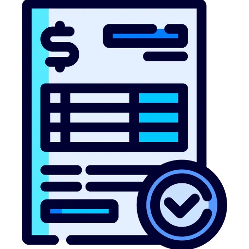 Ikon för faktura med ett dollar-tecken, linjer som representerar text och en bock i en cirkel som symboliserar godkännande.