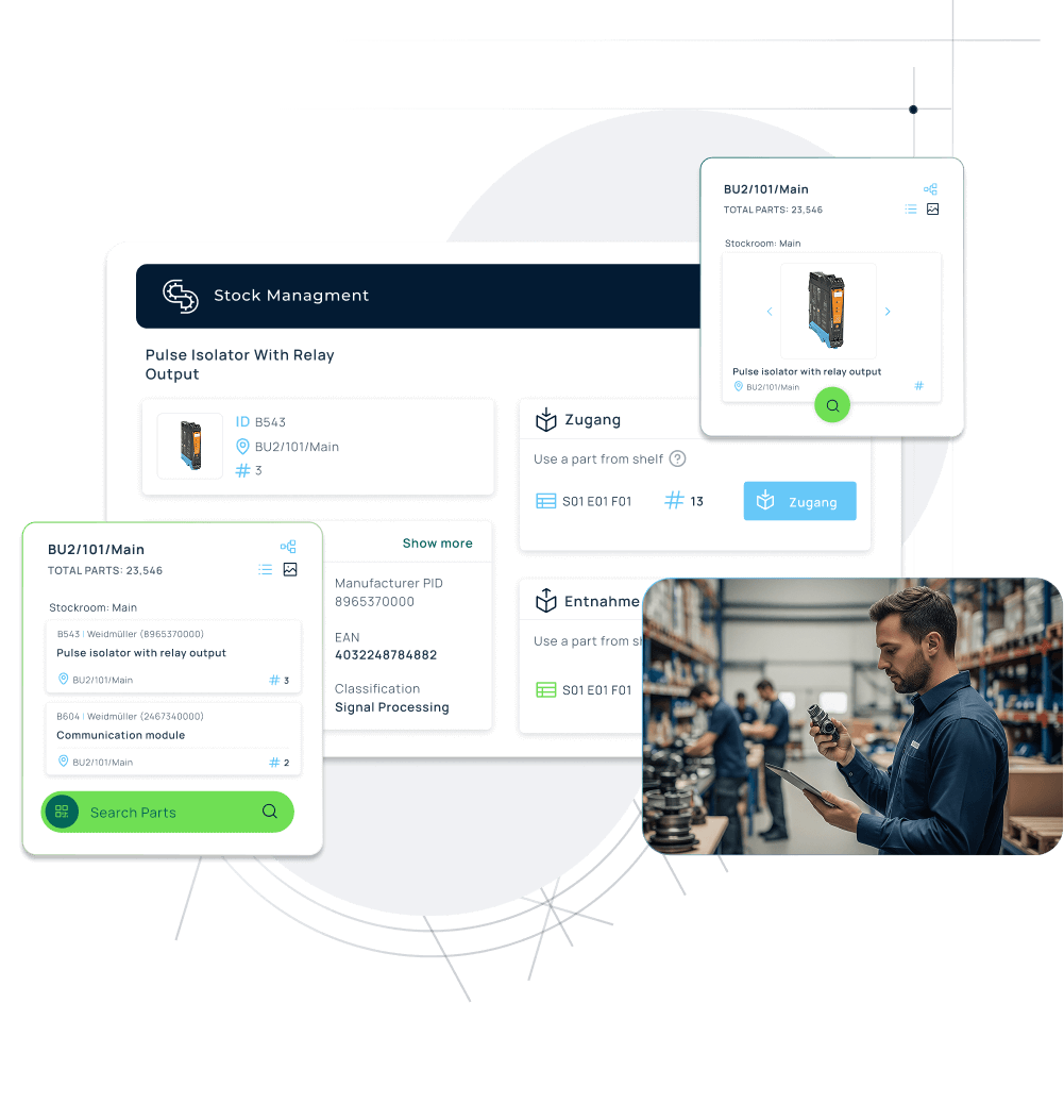 Stock management interface with warehouse worker checking inventory