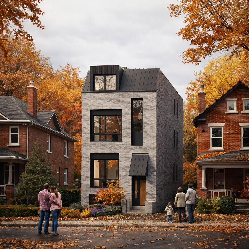 Architectural rendering of a light brick multiplex with autumn trees.