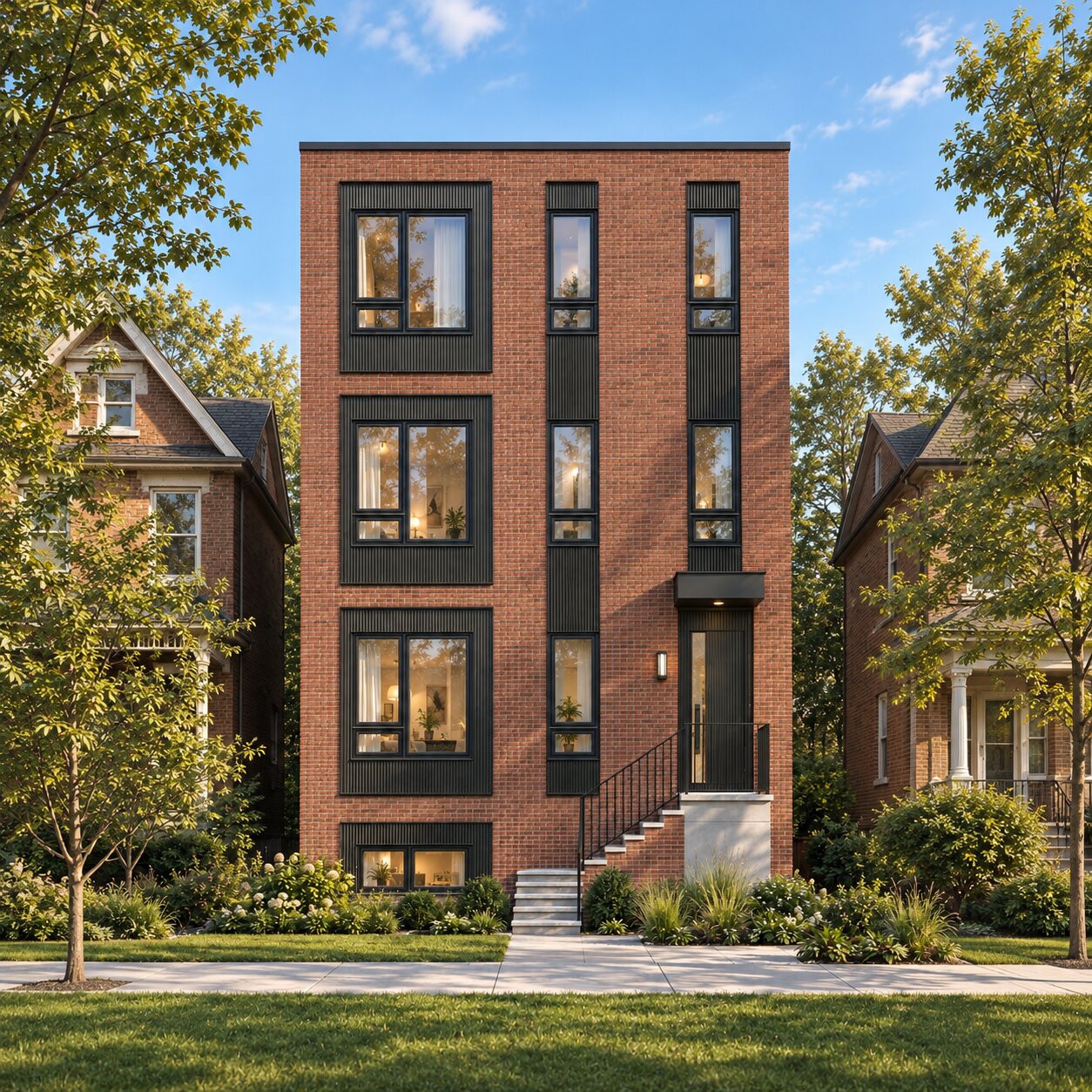 Architectural rendering of a red brick sixplex with black window trim.