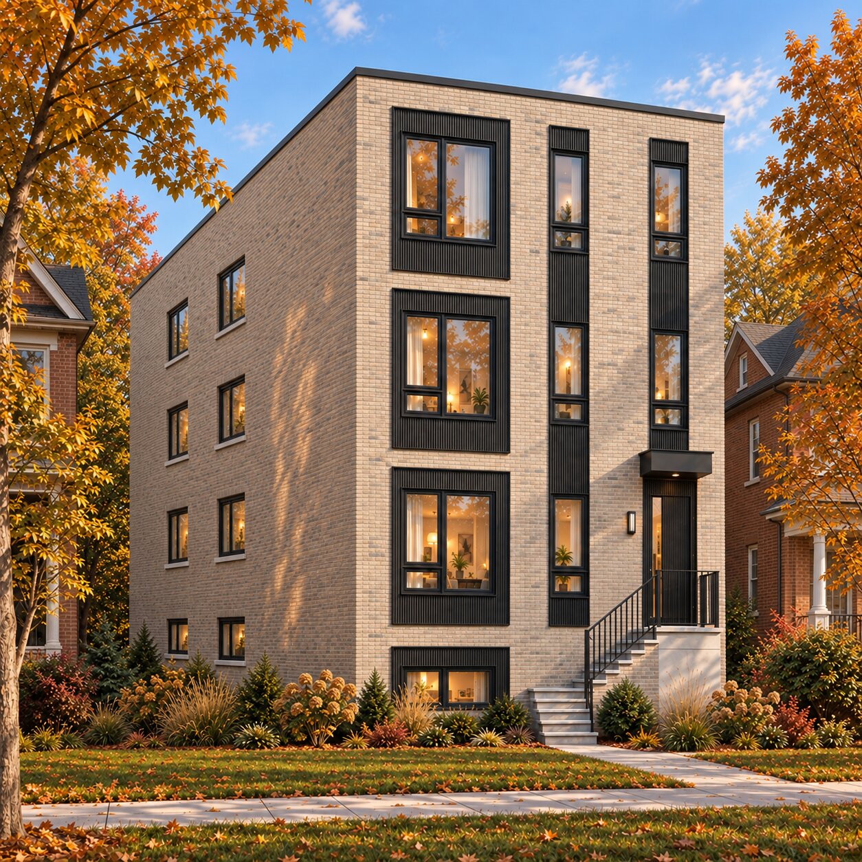 Architectural rendering of a light brick sixplex with black window trim and autumn trees.