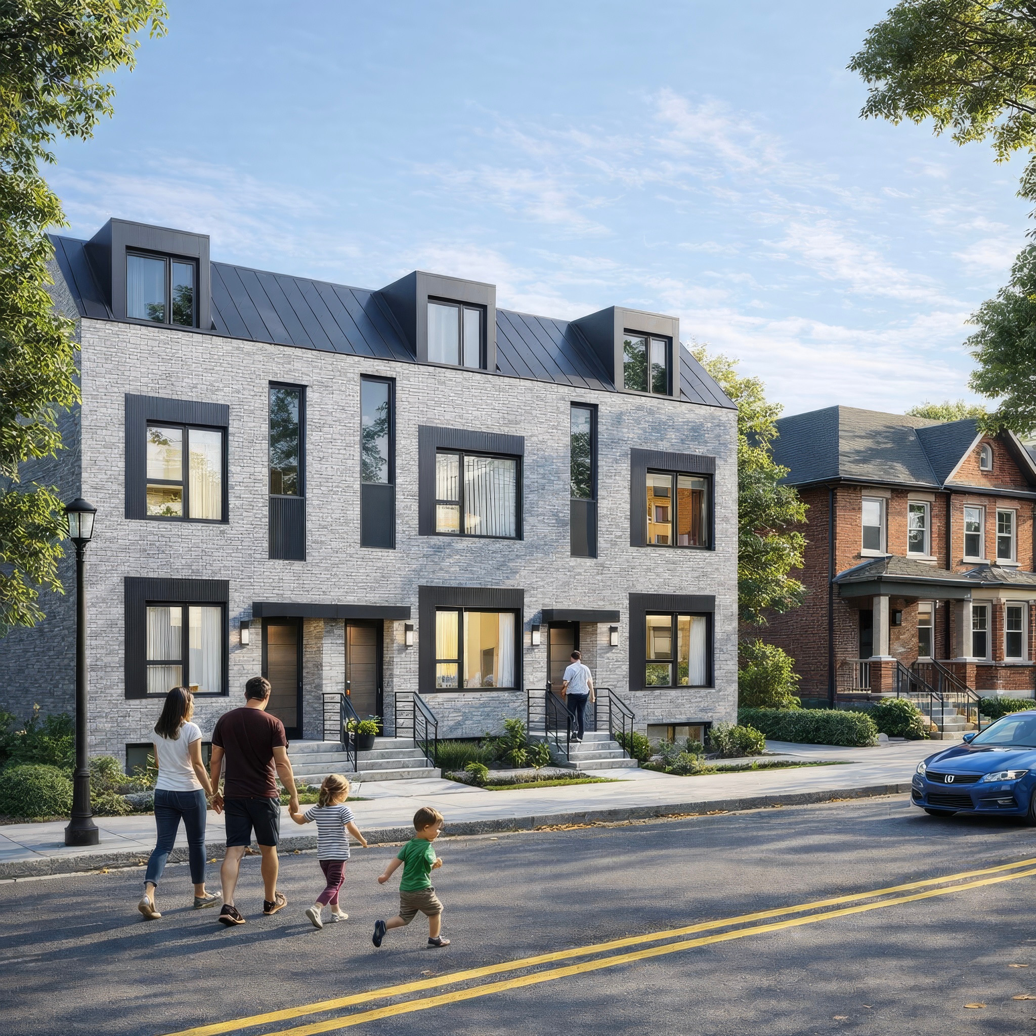 Architectural rendering of a rowplex with a light brick facade and dormer windows.