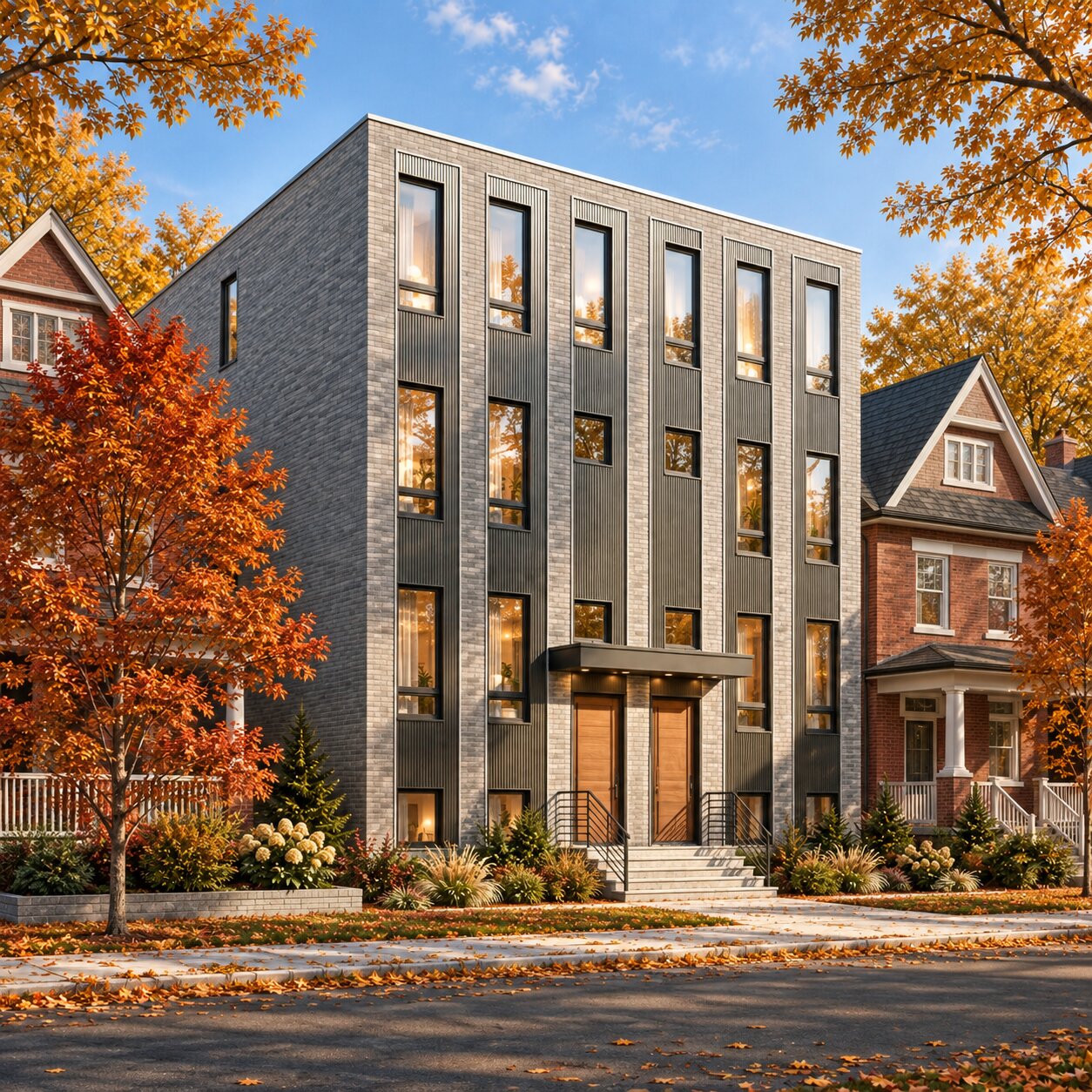 Architectural rendering of a light brick residential building with twin front doors and autumn trees.