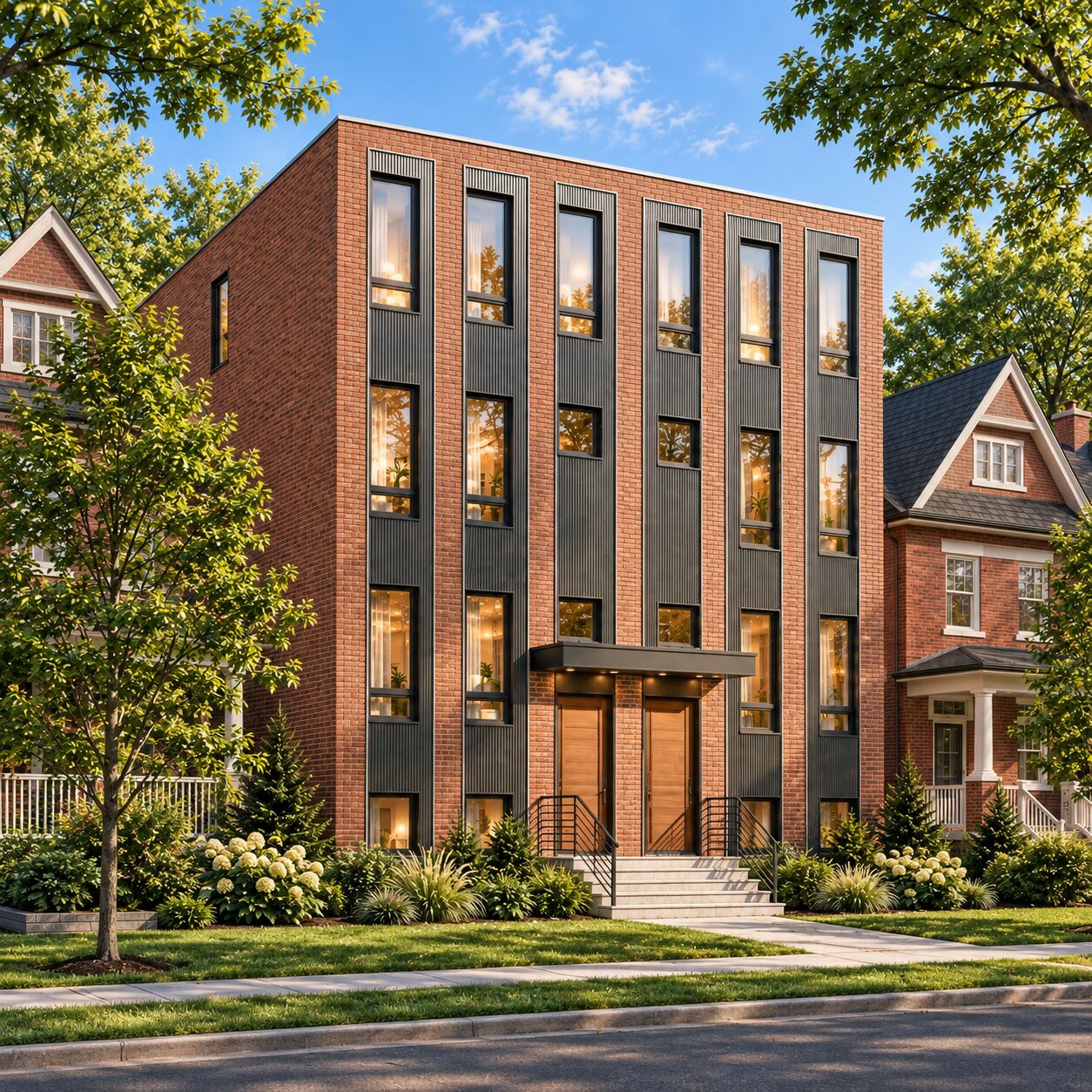 Architectural rendering of a red brick residential building with twin front doors and green trees.