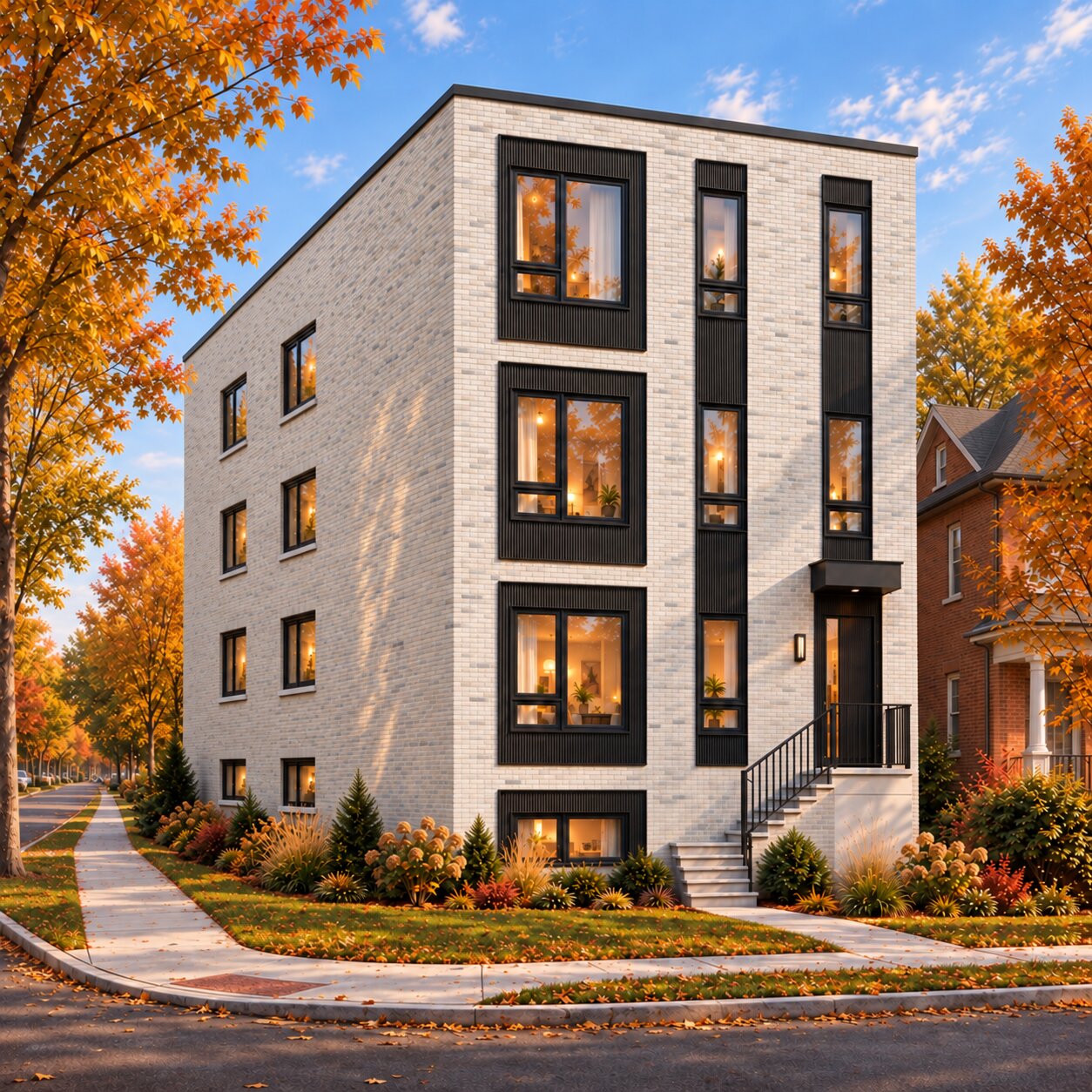 Architectural rendering of a light brick corner residential building with black window trim and autumn trees.