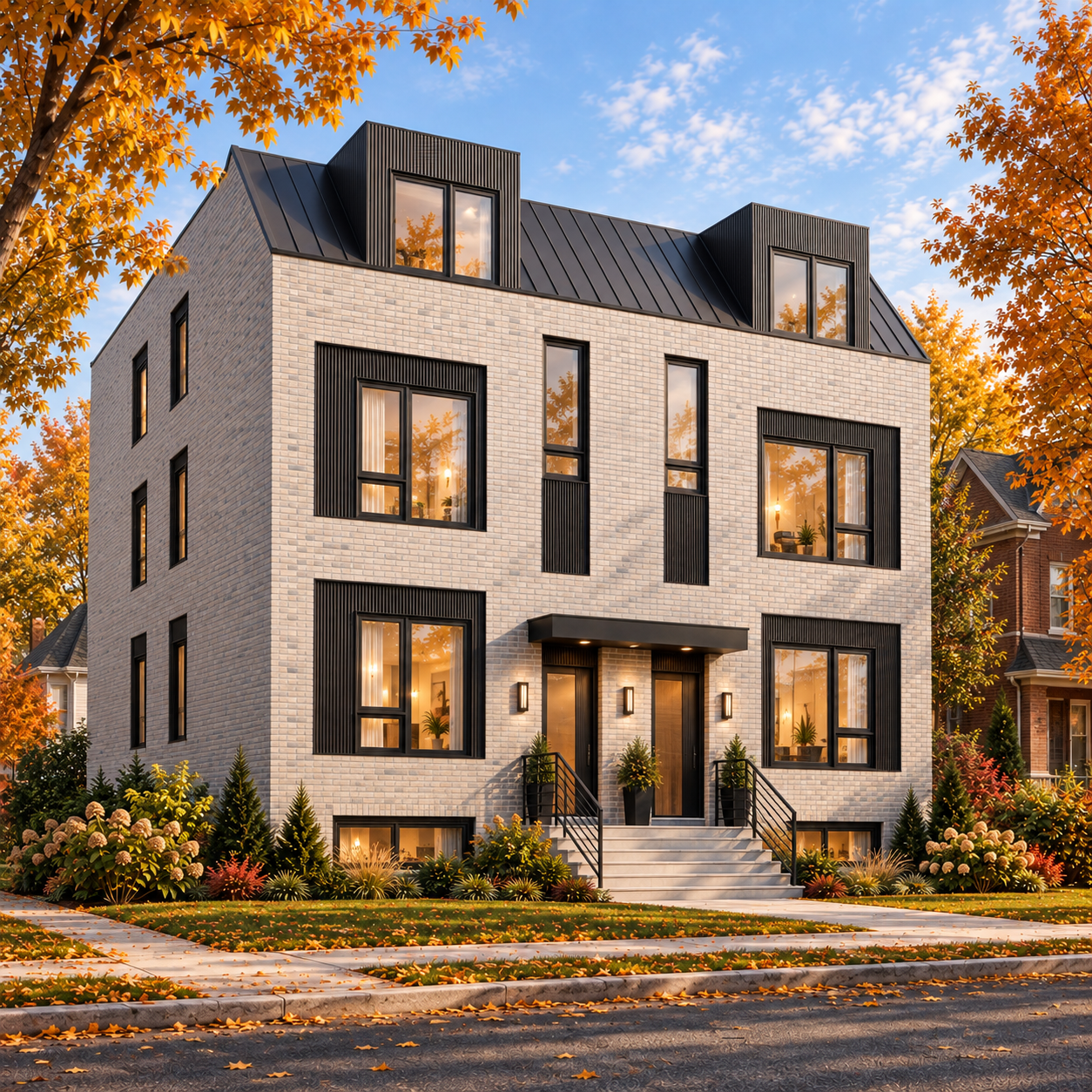 Architectural rendering of a light brick residential building with twin front doors, dormer windows, and autumn trees.