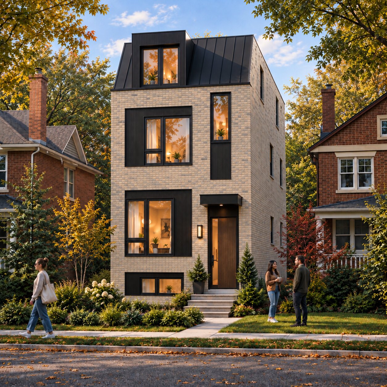 Architectural rendering of a light brick residential building with a dormer window, black trim, and landscaped front garden.