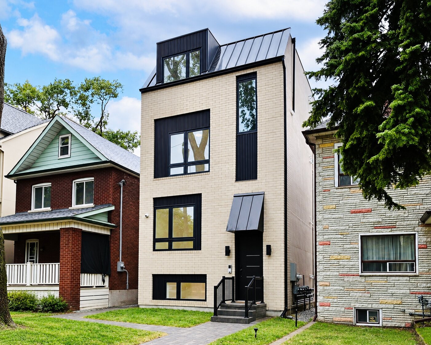 Front view of Junction 1's light brick facade, dormer window, black entrance canopy, and lawn.