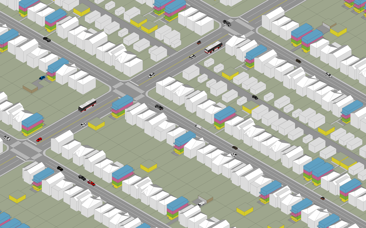 Isometric illustration of missing-middle multiplex housing within a low-rise neighbourhood