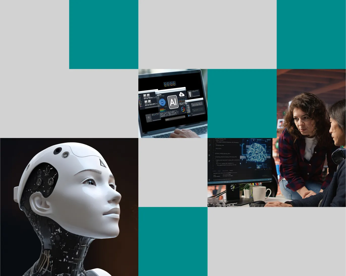 Collage of AI and technology images including humanoid robot head, laptop displaying AI interface, and two people collaborating at computer with code on screen