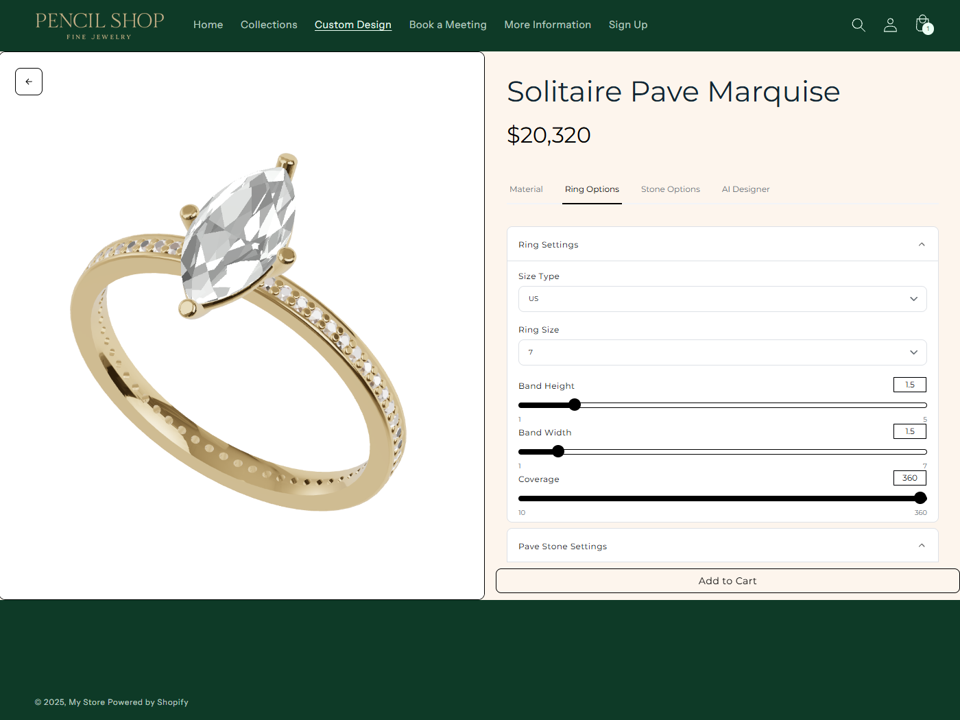 Gold solitaire ring with a large marquise-cut diamond and pavé band with small diamonds.