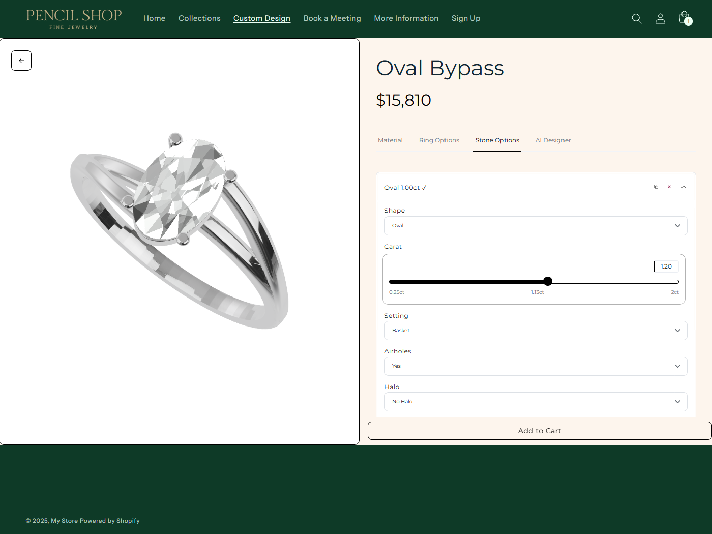 Silver ring with an oval-shaped clear gemstone displayed on a jewelry custom design webpage.