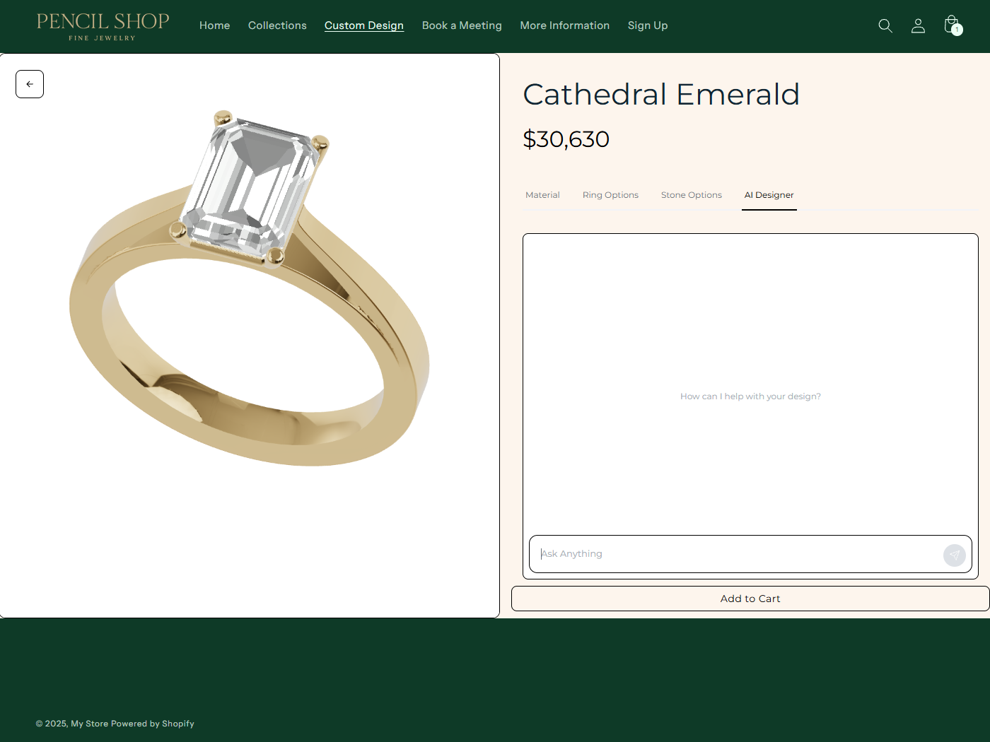 Gold ring with a large rectangular emerald-cut clear gemstone displayed on a jewelry website.