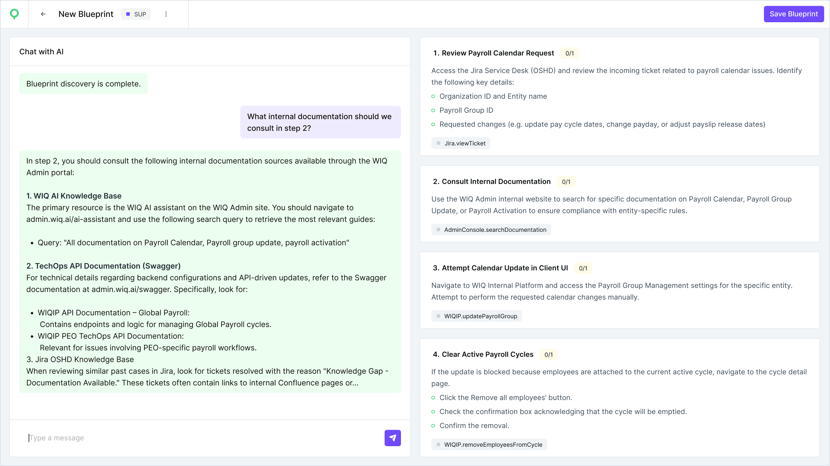 WIQ's Blueprint Editor with AI chat to modify and ask questions
