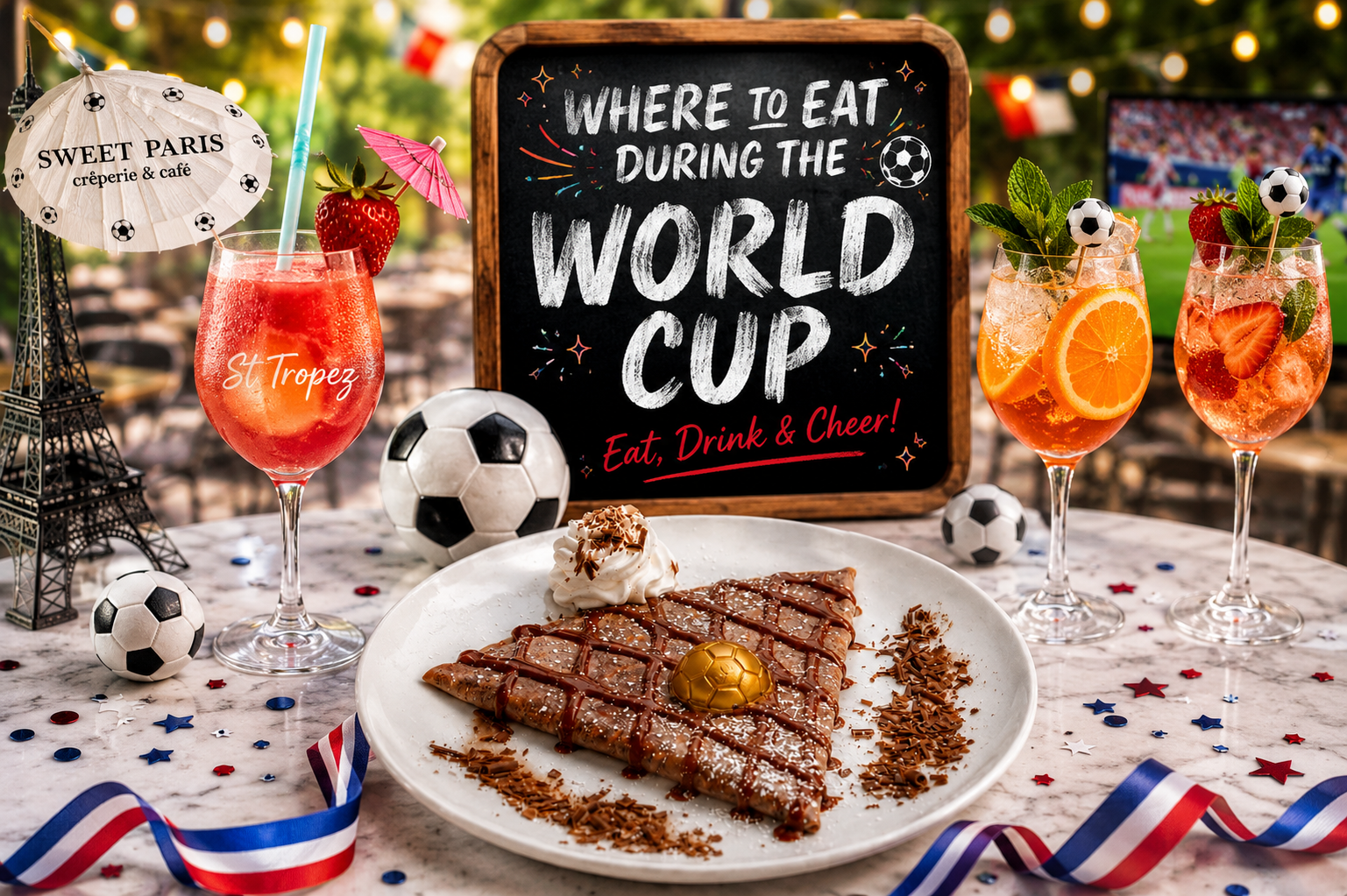 World Cup 2026 watch party at Sweet Paris with French Riviera cocktails and a Le Champion chocolate crêpe with edible gold soccer ball