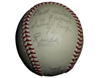 Palla da baseball autografata di Satchel Paige anni 1970