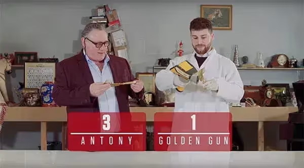 Antony Charman and Matthew Christlow with words that say Antony 3 Golden Gun 1