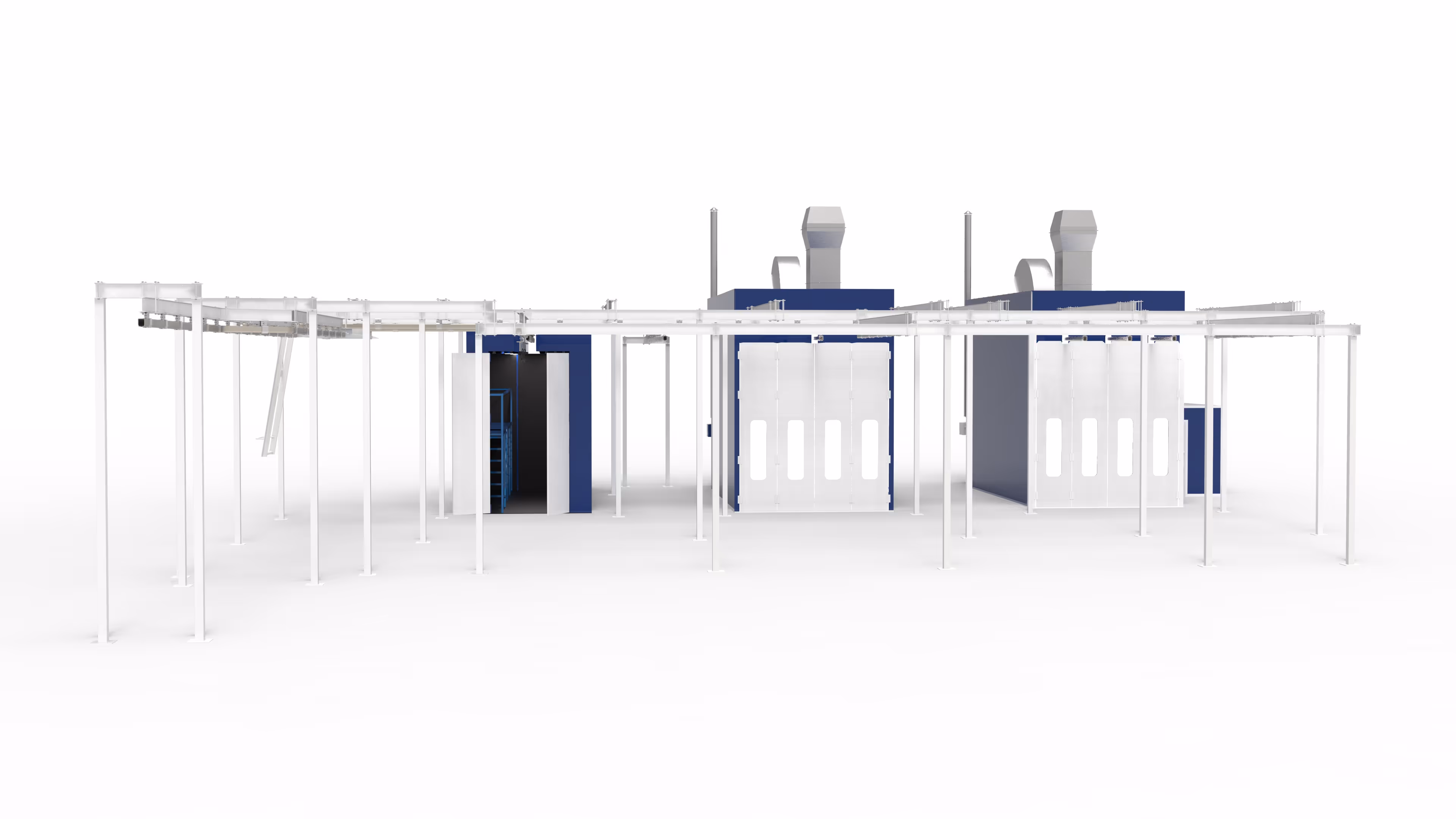 The modern finishing shop features a manual shot blasting booth for perfect surface preparation, a dead-end paint booth, and a dead-end drying booth. It also includes a paint preparation room and an ergonomic parts handling system using a manual conveyor.