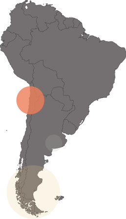 Map of South America highlighting three regions with large colored circles over western Argentina, central Chile, and southern Chile.