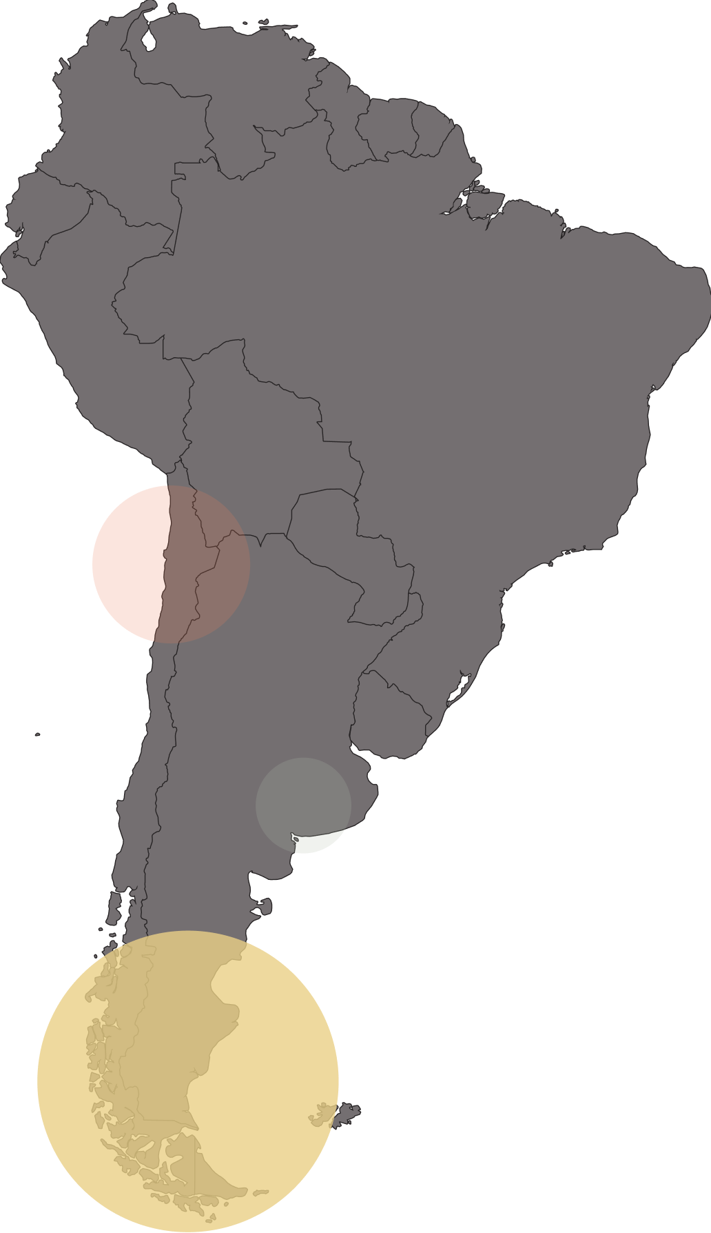 Map of South America with gray-shaded countries and three translucent colored circles over Chile, Argentina, and southern tip of the continent.