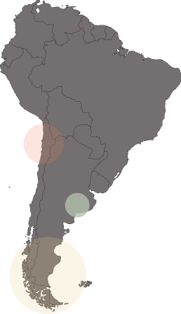 Map of South America in gray with three translucent colored circles highlighting regions near west coast, central south, and southern tip.