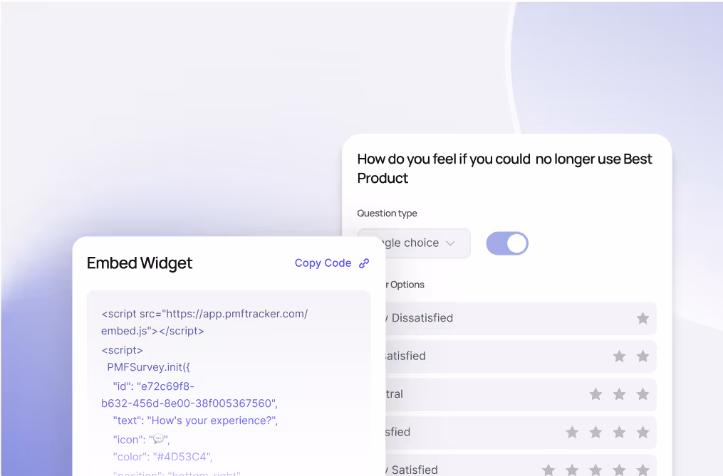 A product usability section titled "Collect 5 min" shows parts of a survey interface. On the left is an "Embed Widget" box with a code snippet (JavaScript script and initialized options). On the right is a survey UI, featuring a question "How do you feel if you could no longer use Best Product," using a single-choice toggle and star rating options, all set with a muted purple, rounded abstract background.