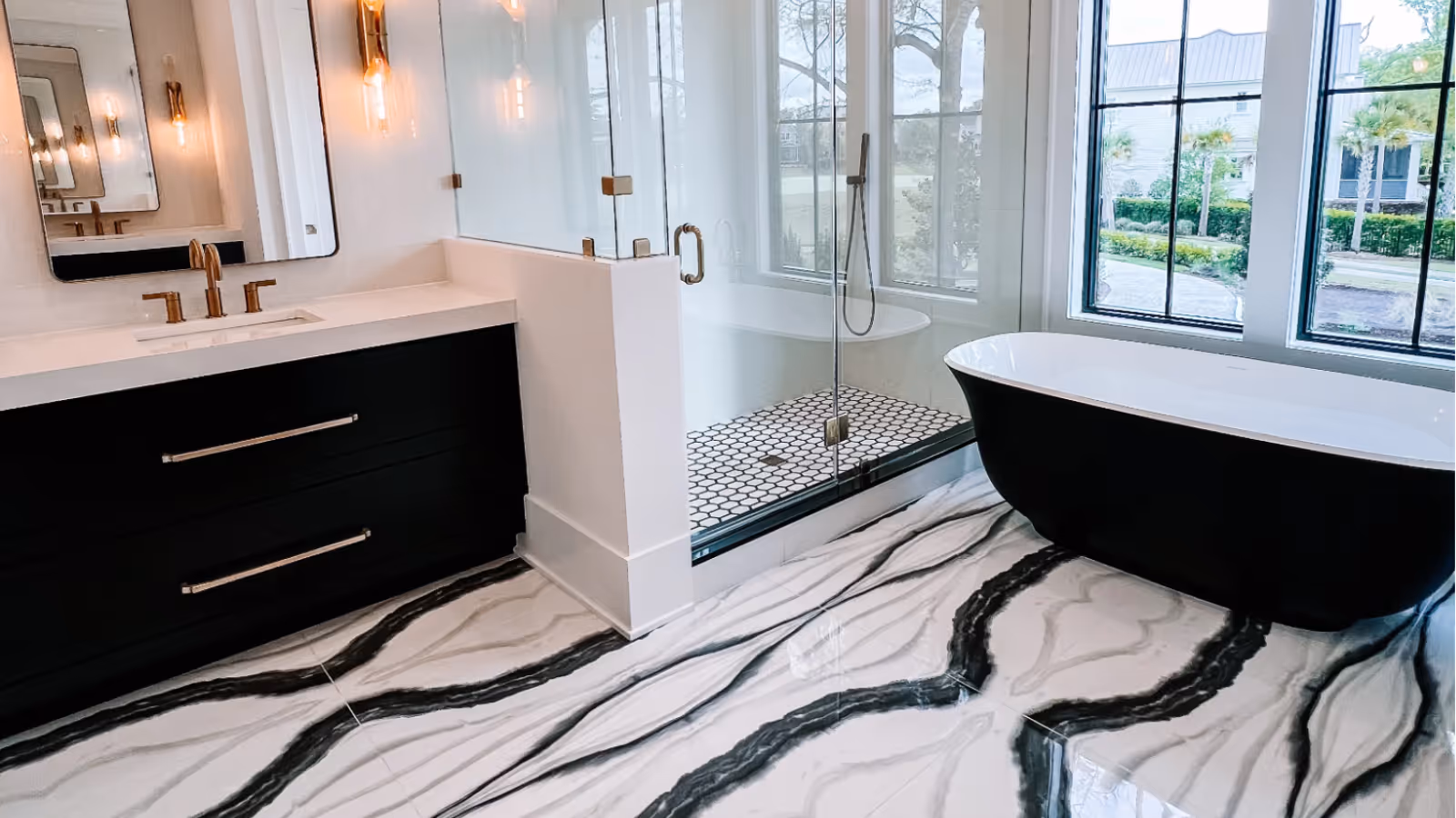 Modern bathroom interior featuring large-format tile flooring, minimalist fixtures, clean architectural lines, and a contemporary spa-inspired design aesthetic.