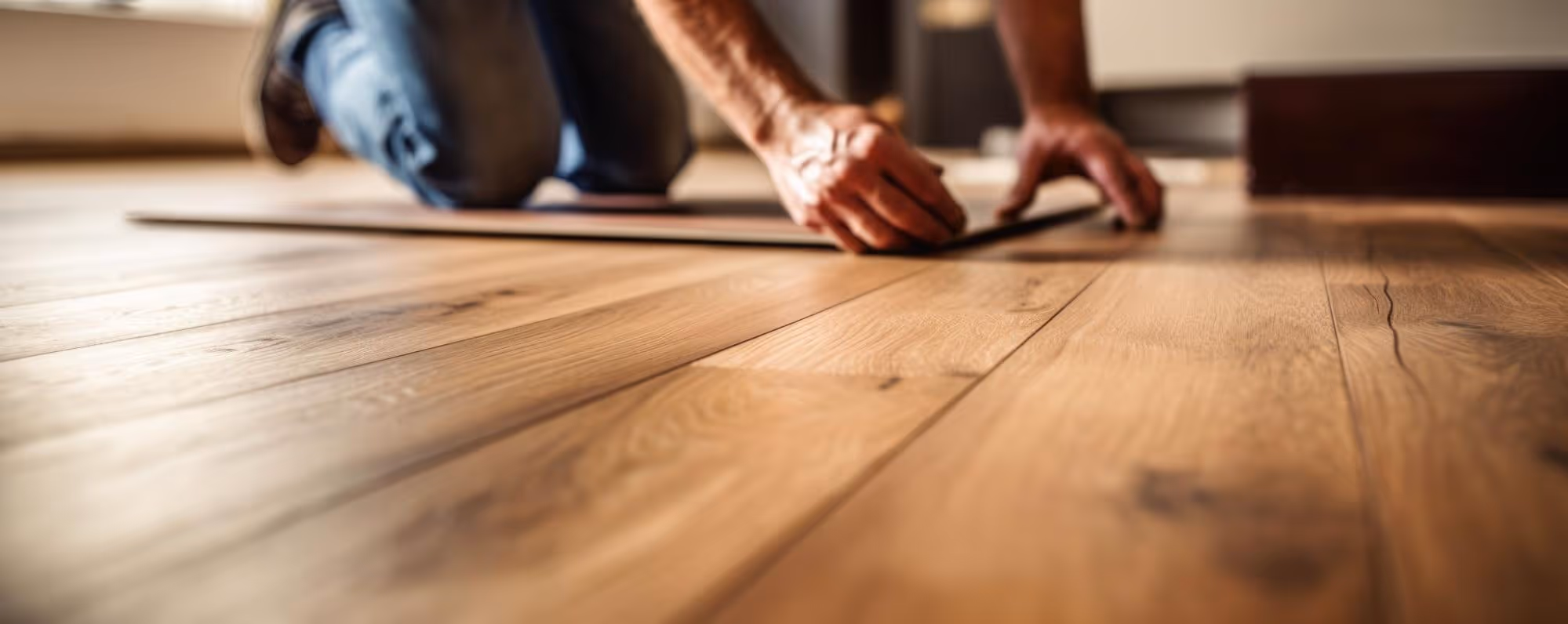 Close-up of professional flooring installation showcasing precision craftsmanship, durable surface materials, and detailed finish work in a modern interior setting.
