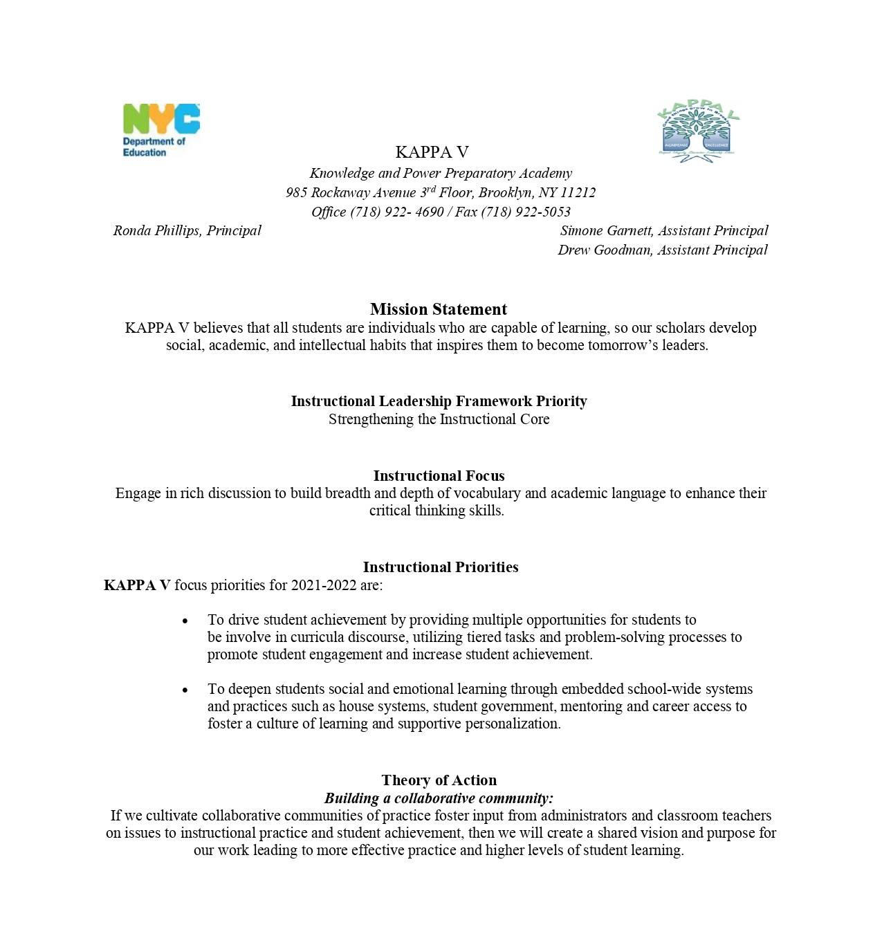 KAPPA V school mission statement and instructional priorities document 2021-2022