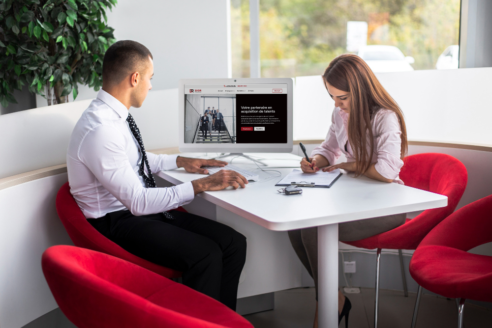 Un recruteur de Dior Ressources en discussion positive avec un candidat dans un cadre professionnel, symbolisant une opportunité de carrière prometteuse et un processus de recrutement humain et personnalisé.