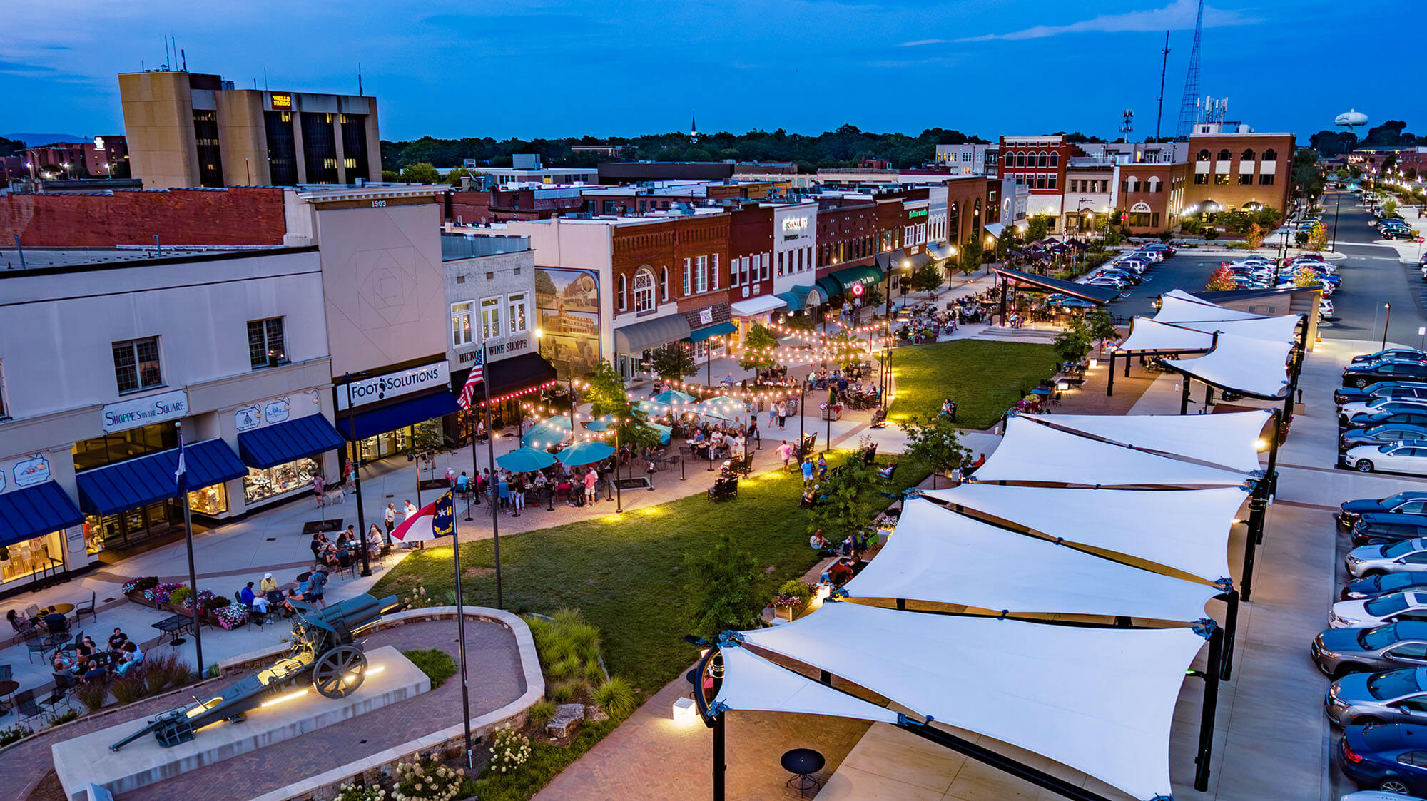 Evening aerial of downtown Hickory, NC Union Square
