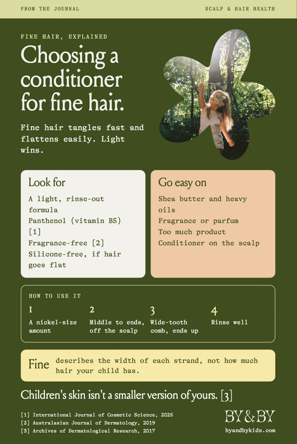 A guide to choosing a conditioner for a child's fine hair. Look for a light rinse-out formula, panthenol, fragrance-free, and silicone-free if hair goes flat. Go easy on shea butter, heavy oils, fragrance, and too much product. Use a nickel-size amount from the middle to the ends, comb gently, and rinse well.