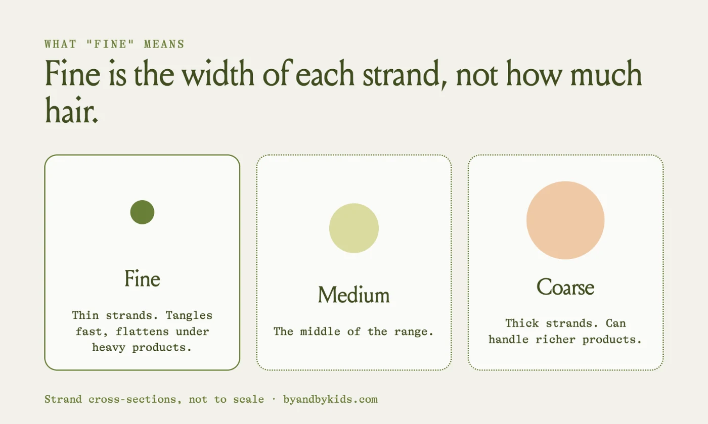 Three circles compare hair strand widths: fine, medium, and coarse. Fine describes the width of each strand, not how much hair a child has.