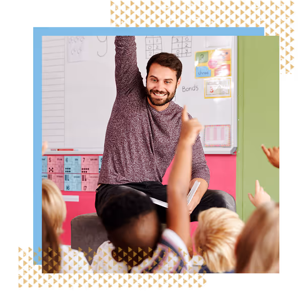 a male teacher engaging with his students in excitement