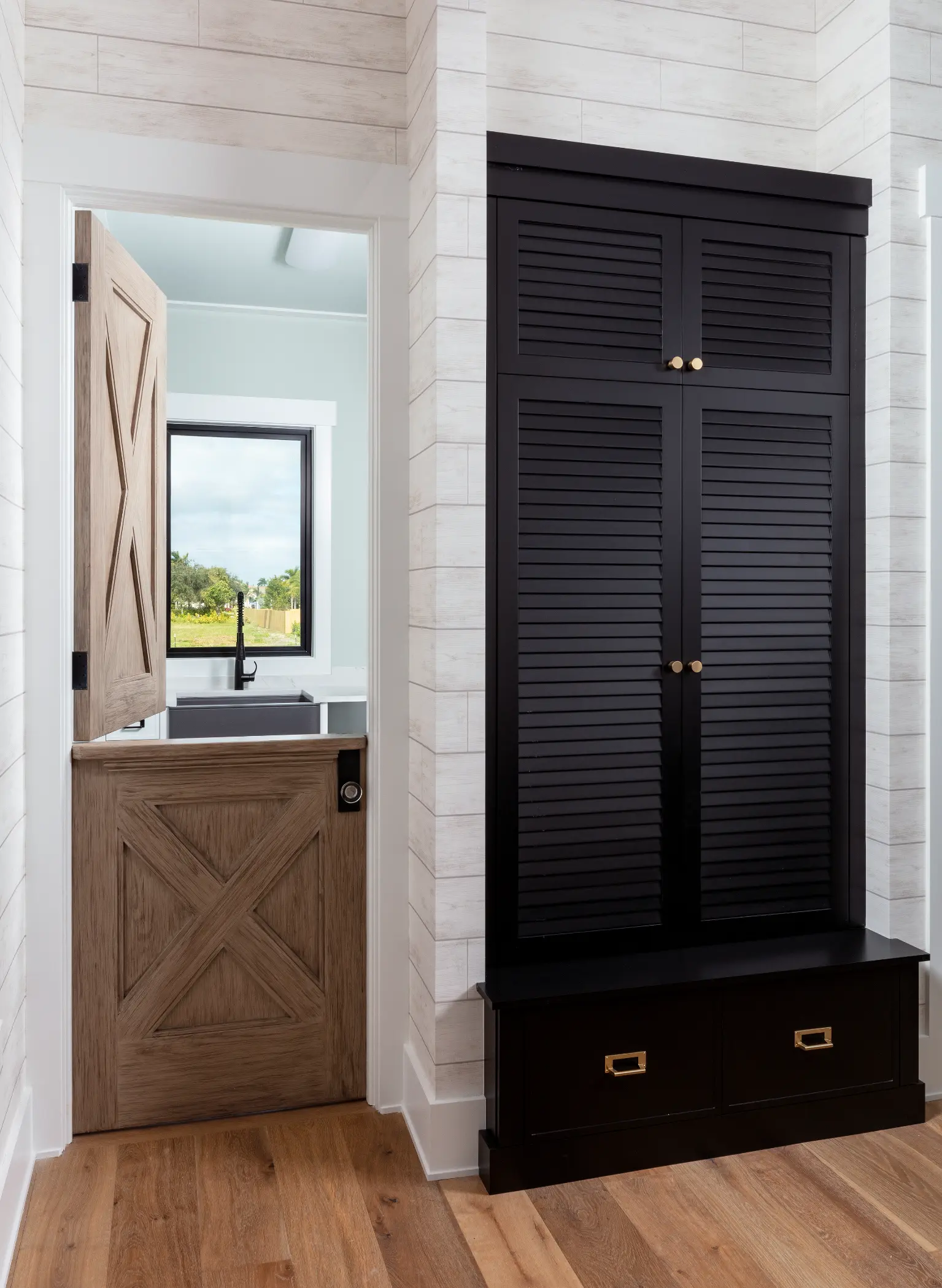 A wooden door with a window is partially open beside a black shuttered cabinet.