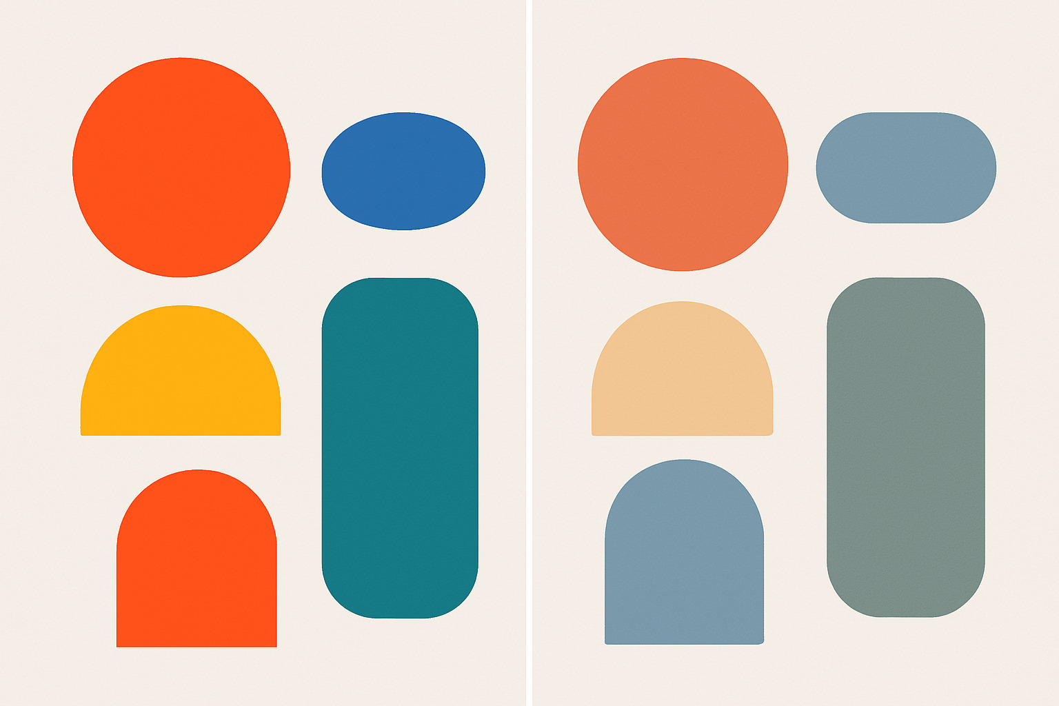 Side-by-side comparison of vibrant and muted geometric shapes on a neutral canvas