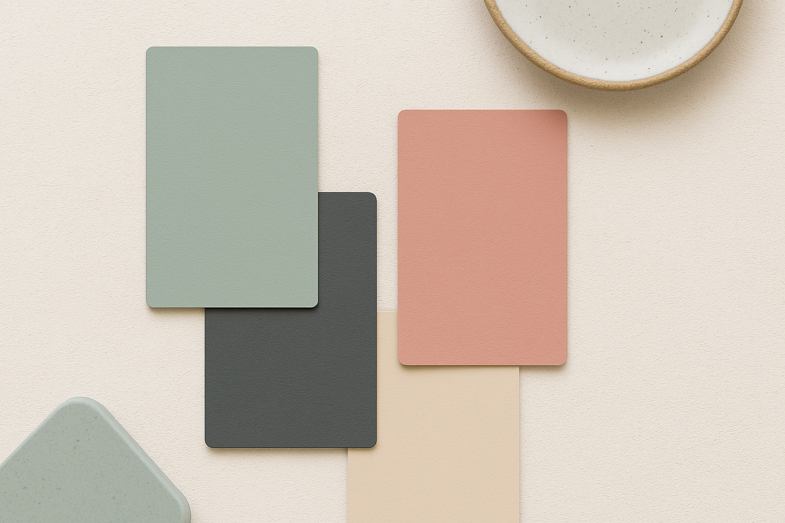 Top-down flat lay of color swatches in sage, blush, charcoal, and beige with ceramic and linen textures